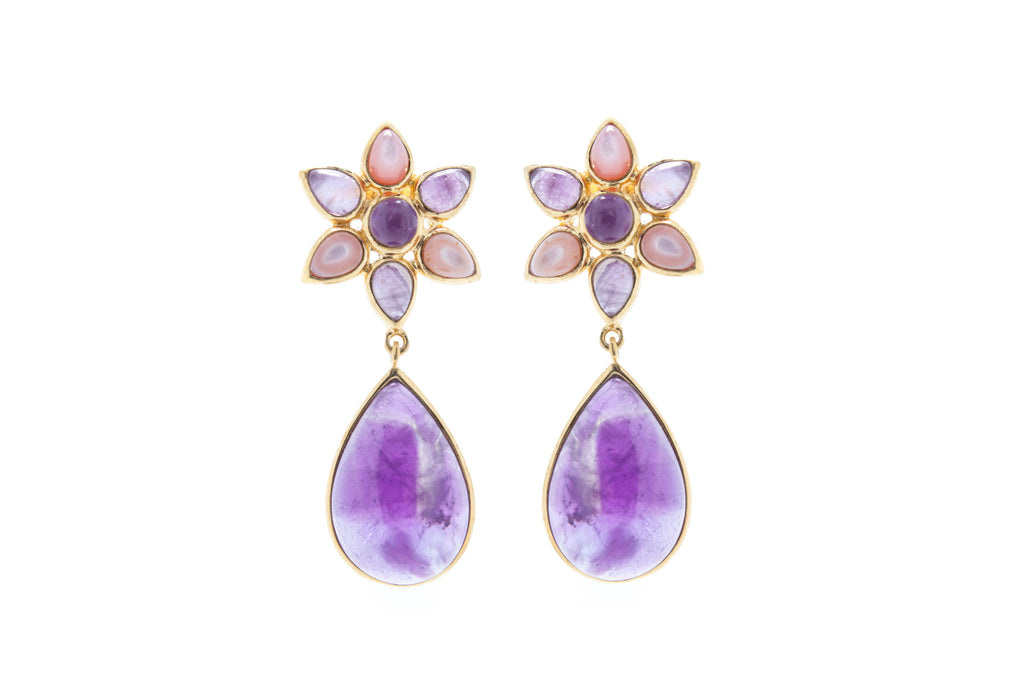 Flower Design Drop Earrings in Amethyst and Pink Mother of Pearl