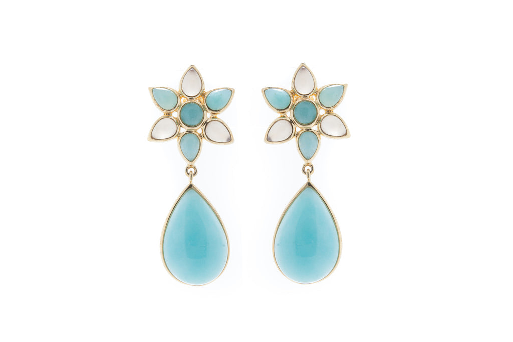 Flower Design Drop Earrings in Amazonite and White Mother of Pearl
