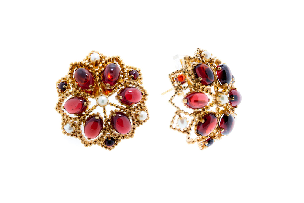 Floral Design Garnet and Pearl Earring